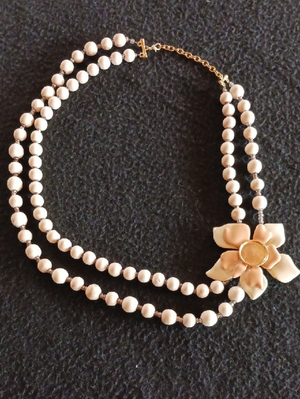 Vintage Wooden Bead Necklace with Floral Accent